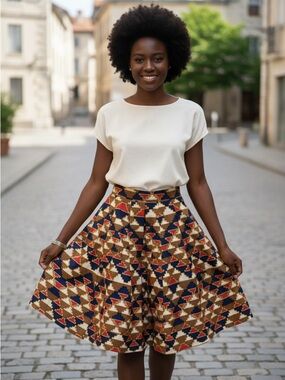Francis Benedict 100% Cotton Patterned A-Line Skirt in Navy, Red, and Tan Size M